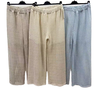 Italian Lagenlook Mesh Zip Through Fishnet Trousers Summer Wide Leg Crochet Pants