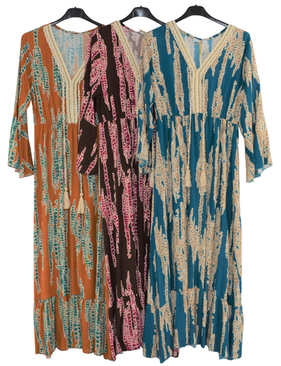 Ladies Italian Lagenlook Tie Dye Maxi Dress Tasselled with Long Flared Sleeves