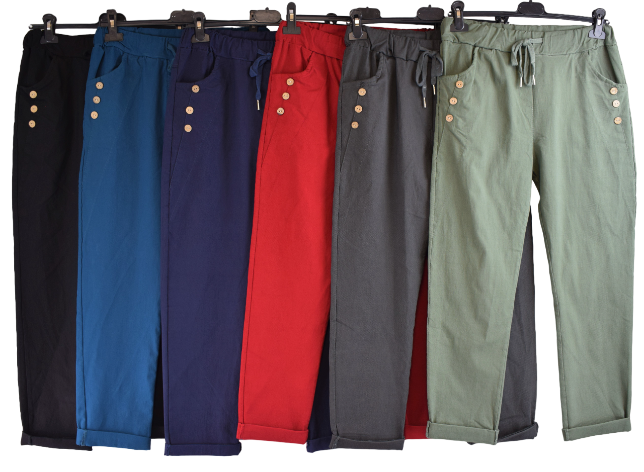 Ladies Italian Lagenlook Stretchy Button Design Detail Magic Trousers