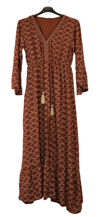 Ladies Italian Lagenlook Wavy Printed Maxi Dress Tasselled with Long Flared Sleeves