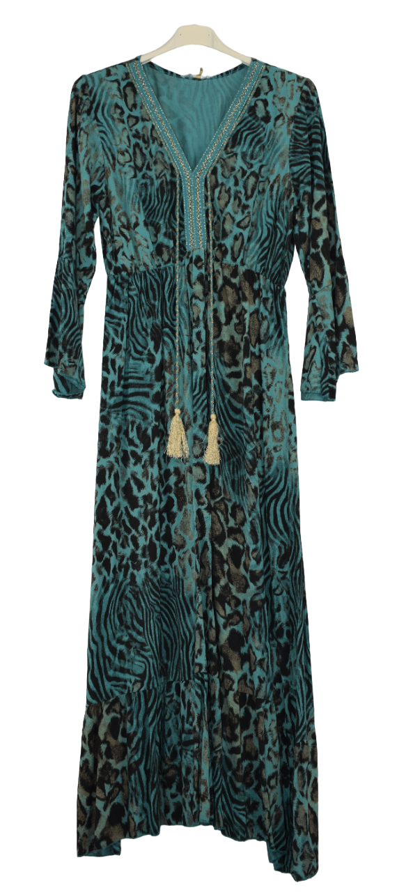 Ladies Italian Lagenlook Animal Print Maxi Dress Tasselled with Long Sleeves