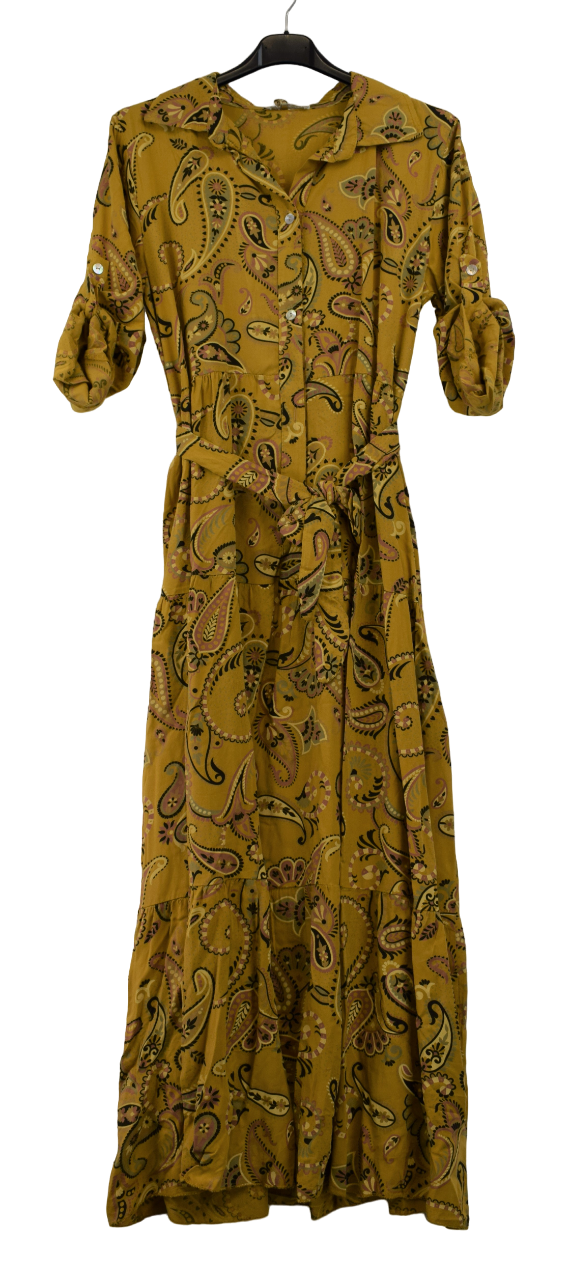lagenlook maxi dress Ladies Italian Lagenlook Paisley Print Collared Belted Maxi Dress with –  Glitzee