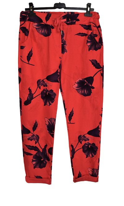 Ladies Italian Stretch Lily Print Floral Magic Trousers Pants