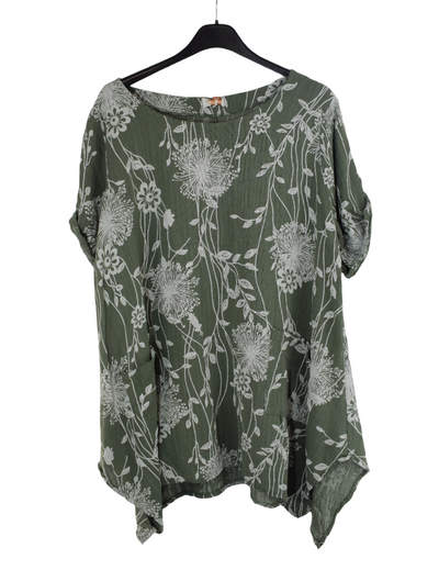 Ladies Italian Cotton Floral Print Asymmetric Tunic with Pockets