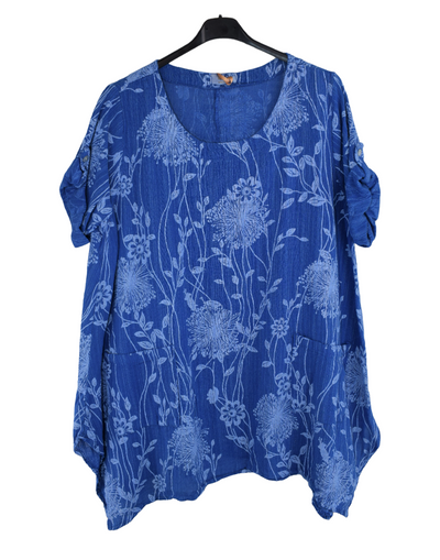 Ladies Italian Cotton Floral Print Asymmetric Tunic with Pockets