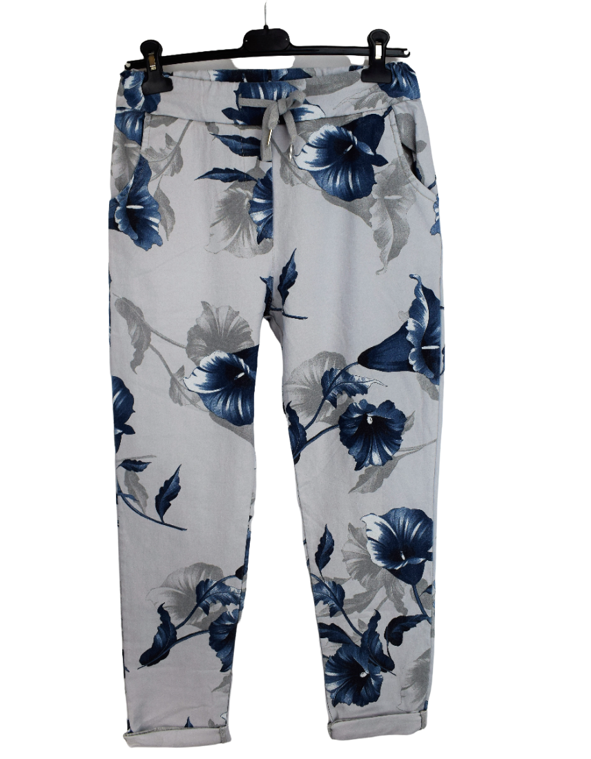 Ladies Italian Stretch Lily Print Floral Magic Trousers Pants