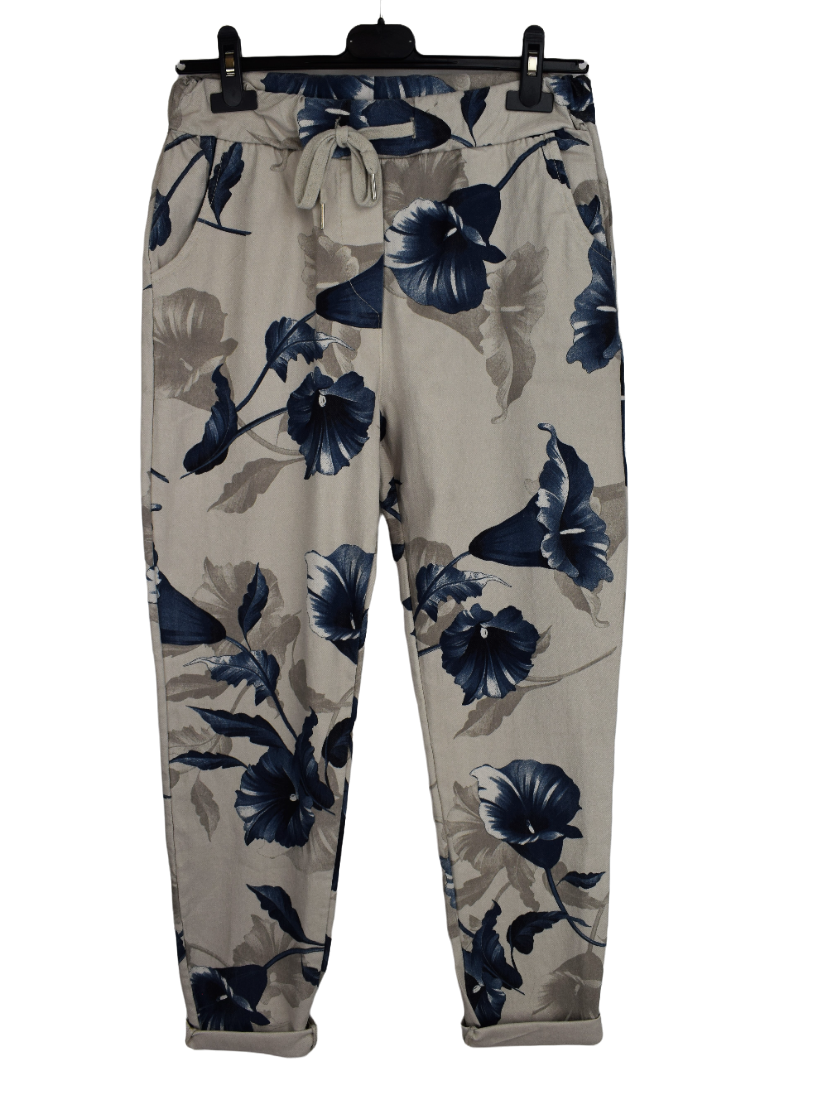 Ladies Italian Stretch Lily Print Floral Magic Trousers Pants