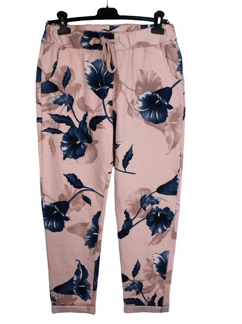 Ladies Italian Stretch Lily Print Floral Magic Trousers Pants