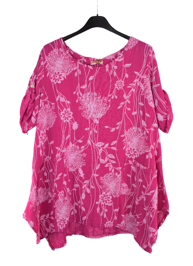 Ladies Italian Cotton Floral Print Asymmetric Tunic with Pockets