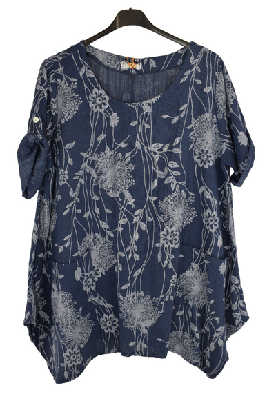 Ladies Italian Cotton Floral Print Asymmetric Tunic with Pockets