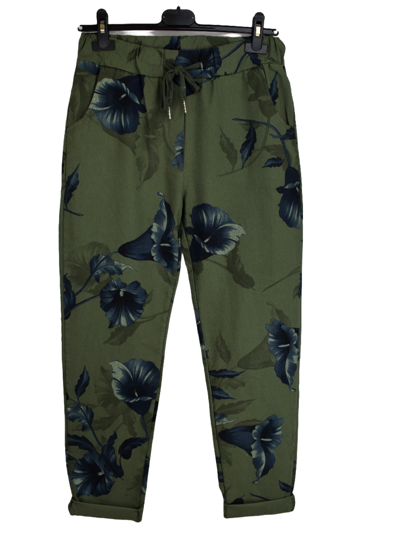 Ladies Italian Stretch Lily Print Floral Magic Trousers Pants