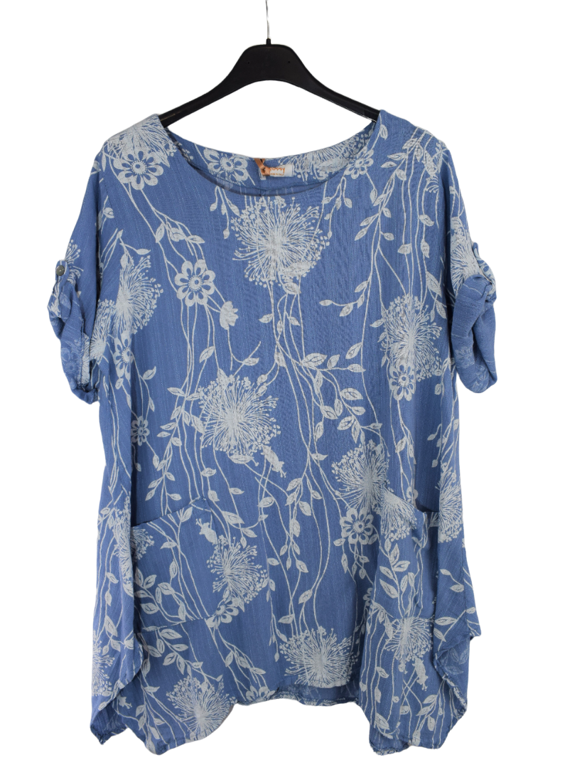 Ladies Italian Cotton Floral Print Asymmetric Tunic with Pockets