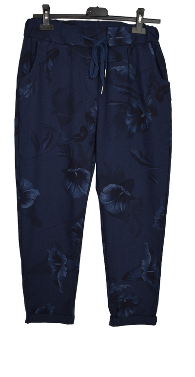 Ladies Italian Stretch Lily Print Floral Magic Trousers Pants