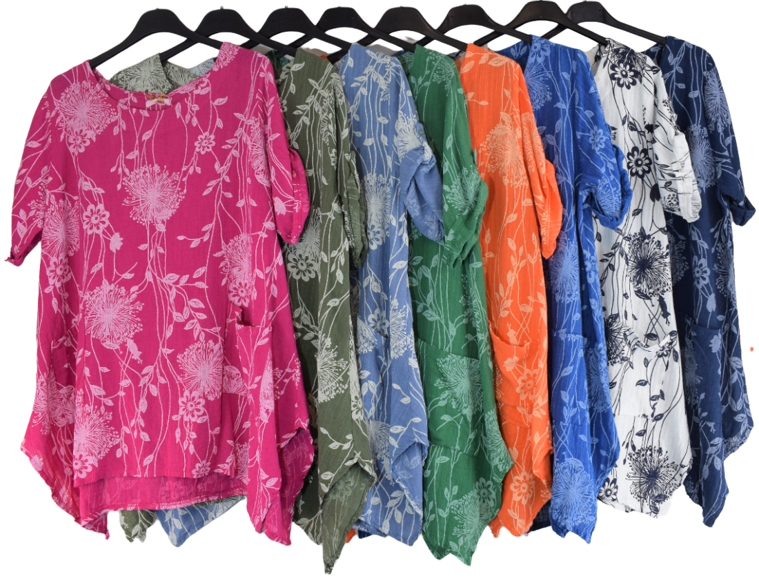 Ladies Italian Cotton Floral Print Asymmetric Tunic with Pockets