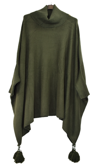 Ladies Italian Oversized Cowl Neck Poncho Style Beaded Tassel Jumper