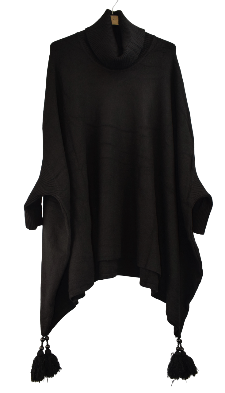 Ladies Italian Oversized Cowl Neck Poncho Style Beaded Tassel Jumper