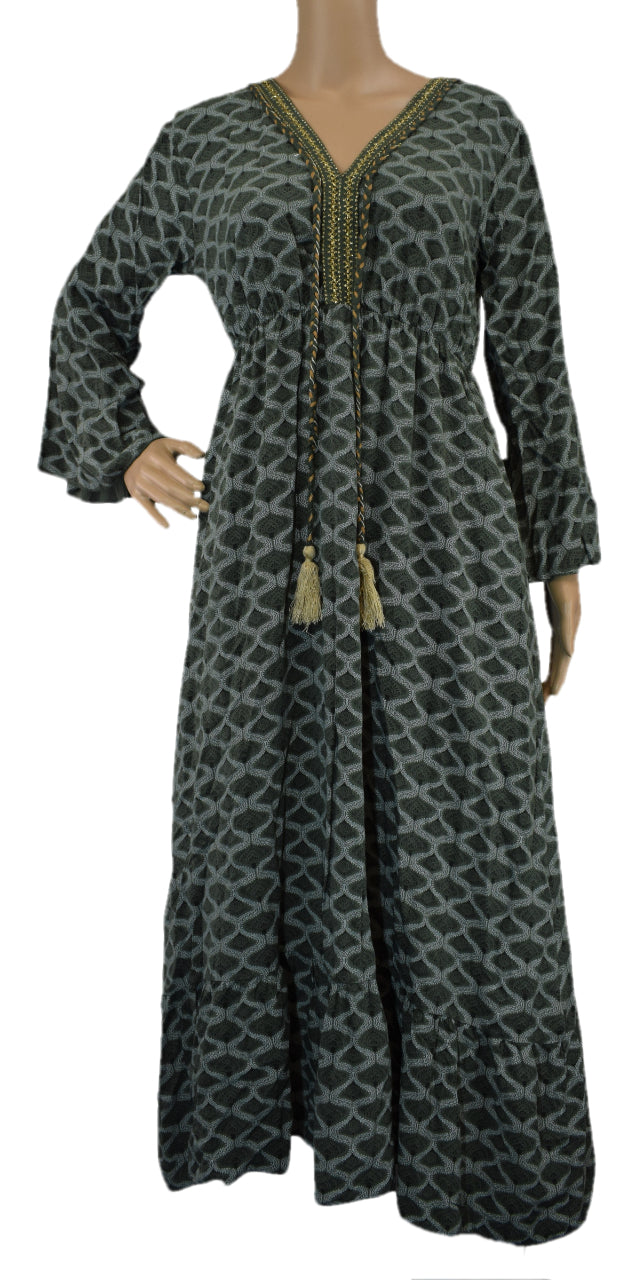 Ladies Italian Lagenlook Wavy Printed Maxi Dress Tasselled with Long Flared Sleeves