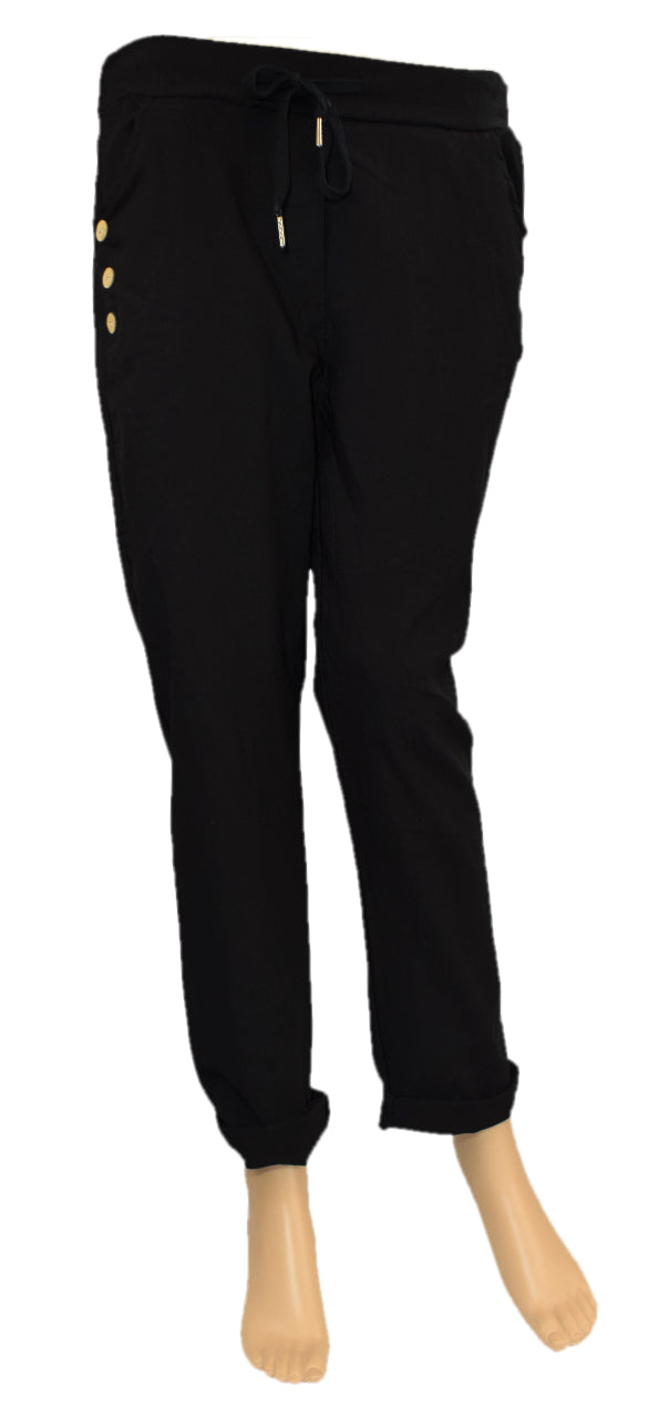 Ladies Italian Lagenlook Stretchy Button Design Detail Magic Trousers