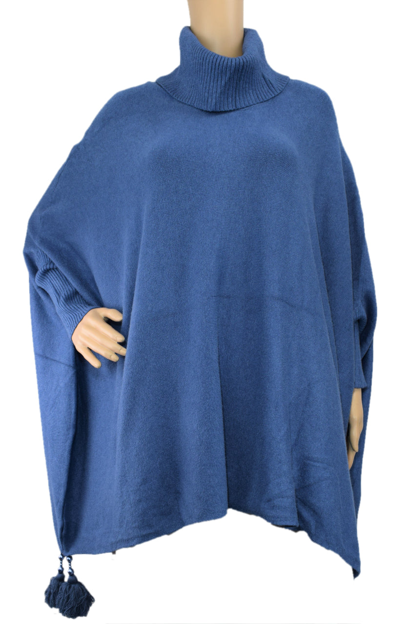 Ladies Italian Oversized Cowl Neck Poncho Style Beaded Tassel Jumper