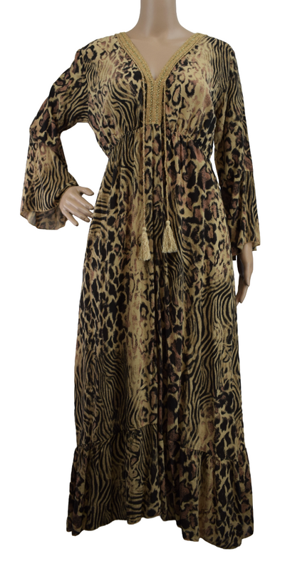 Ladies Italian Lagenlook Animal Print Maxi Dress Tasselled with Long Sleeves