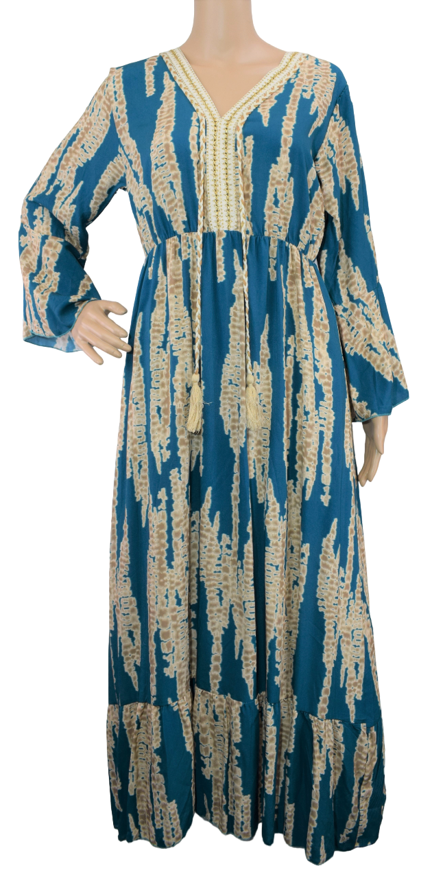 Ladies Italian Lagenlook Tie Dye Maxi Dress Tasselled with Long Flared Sleeves