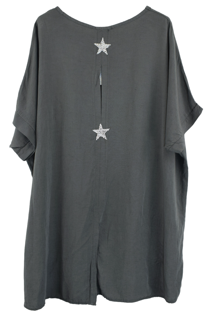 Ladies Italian Lagenlook Star Diamante Tunic Oversized Boxy  Top