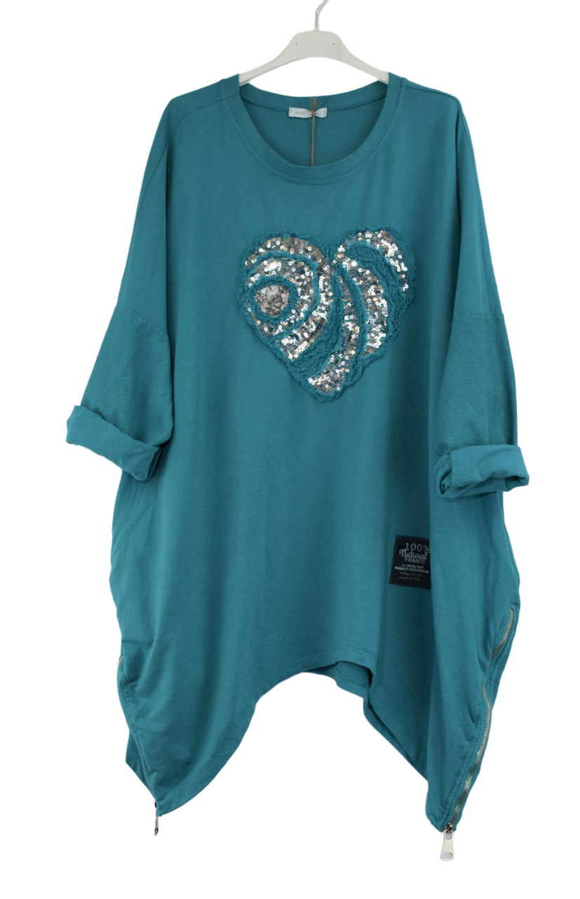 Ladies Italian Lagenlook Oversized Sequin Love Heart Design Tunic Top