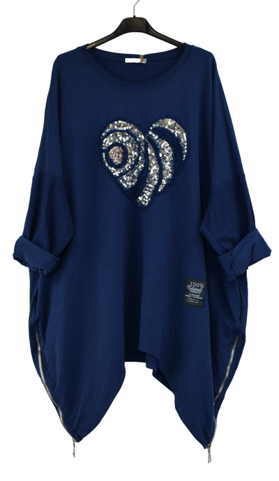 Ladies Italian Lagenlook Oversized Sequin Love Heart Design Tunic Top