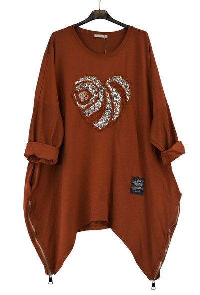 Ladies Italian Lagenlook Oversized Sequin Love Heart Design Tunic Top