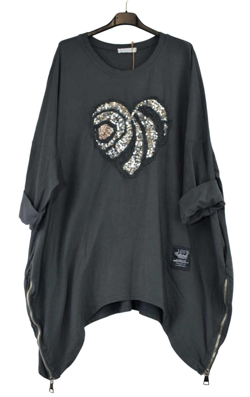 Ladies Italian Lagenlook Oversized Sequin Love Heart Design Tunic Top