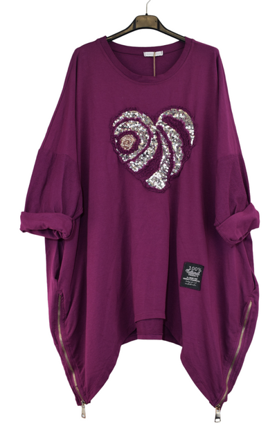 Ladies Italian Lagenlook Oversized Sequin Love Heart Design Tunic Top