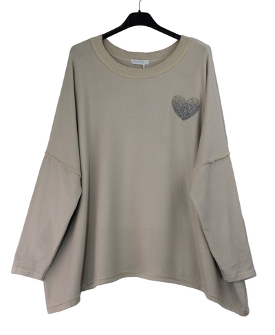 Ladies Italian Lagenlook Boxy Oversized Glittery Love Heart Top