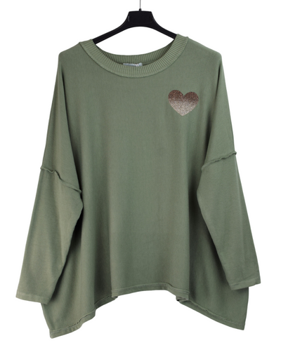 Ladies Italian Lagenlook Boxy Oversized Glittery Love Heart Top