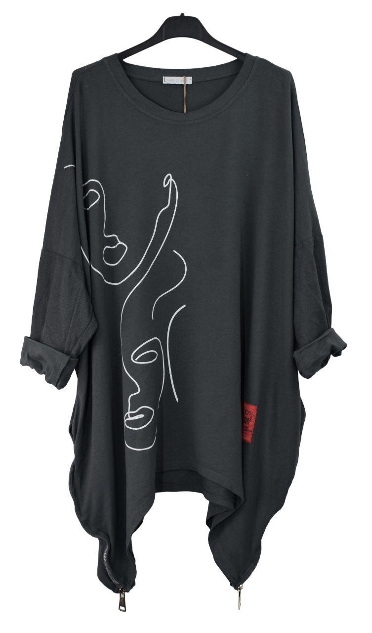 New Ladies Italian Lagenlook Asymmetric Abstract Faceprint Tunic Top