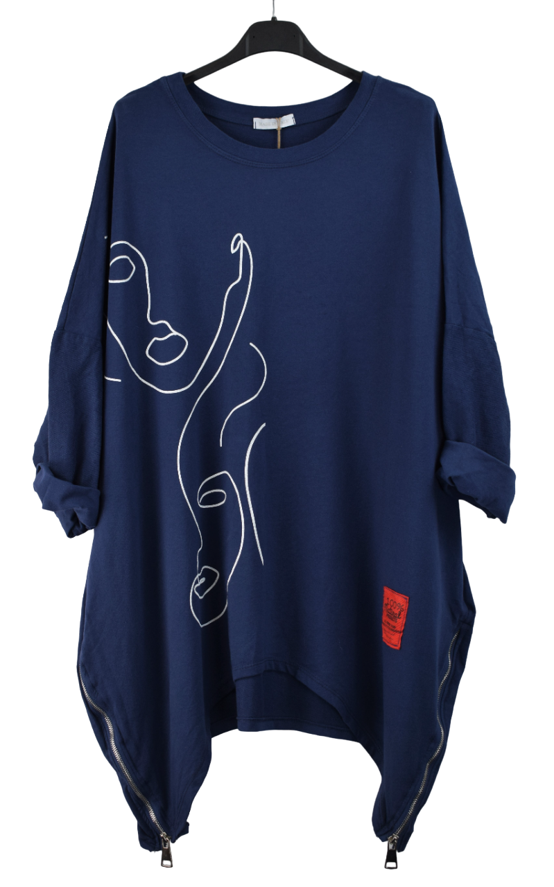 New Ladies Italian Lagenlook Asymmetric Abstract Faceprint Tunic Top