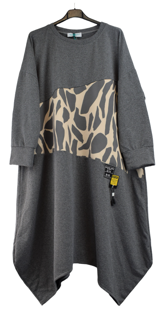 Ladies Italian Lagenlook Asymmetric Tunic Top with Animal Print Panel