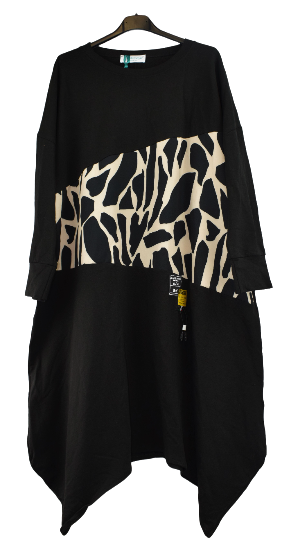 Ladies Italian Lagenlook Asymmetric Tunic Top with Animal Print Panel