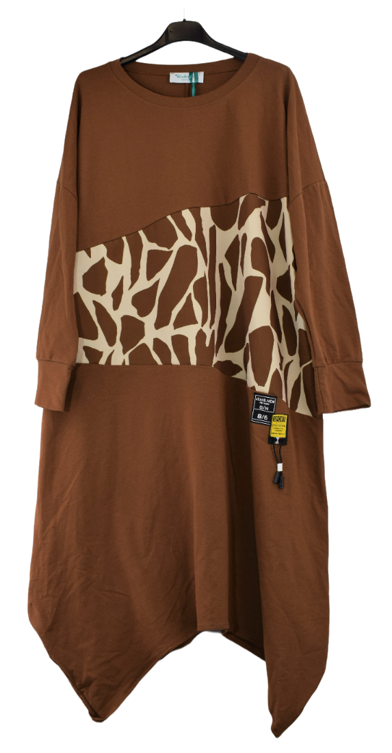 Ladies Italian Lagenlook Asymmetric Tunic Top with Animal Print Panel