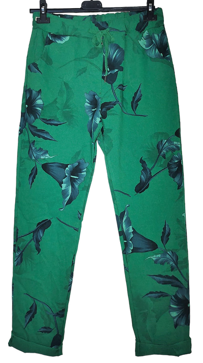 Ladies Italian Stretch Lily Print Floral Magic Trousers Pants